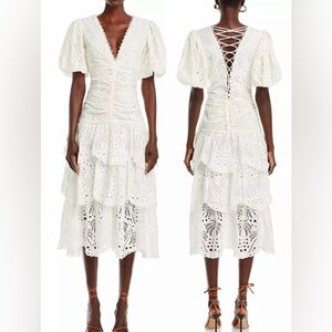 NWOT Farm Rio Eyelet Puff Sleeve Tiered Cotton White Midi Dress sz M